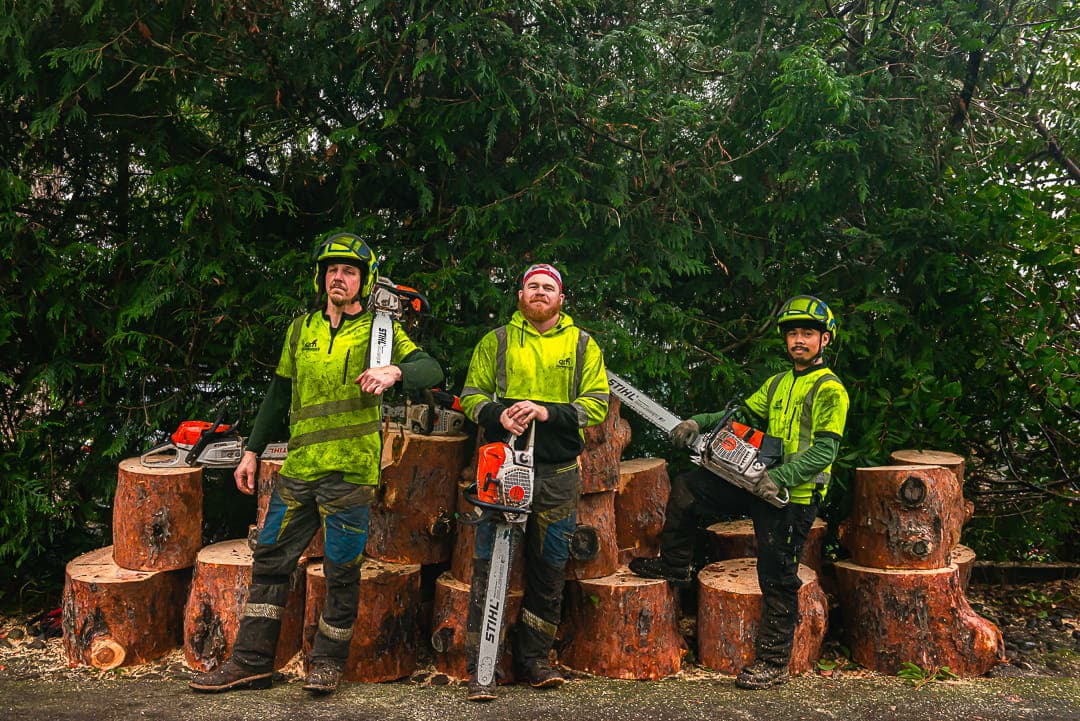 Monkeyman's Tree Service crew with chainsaws in front of stacked logs